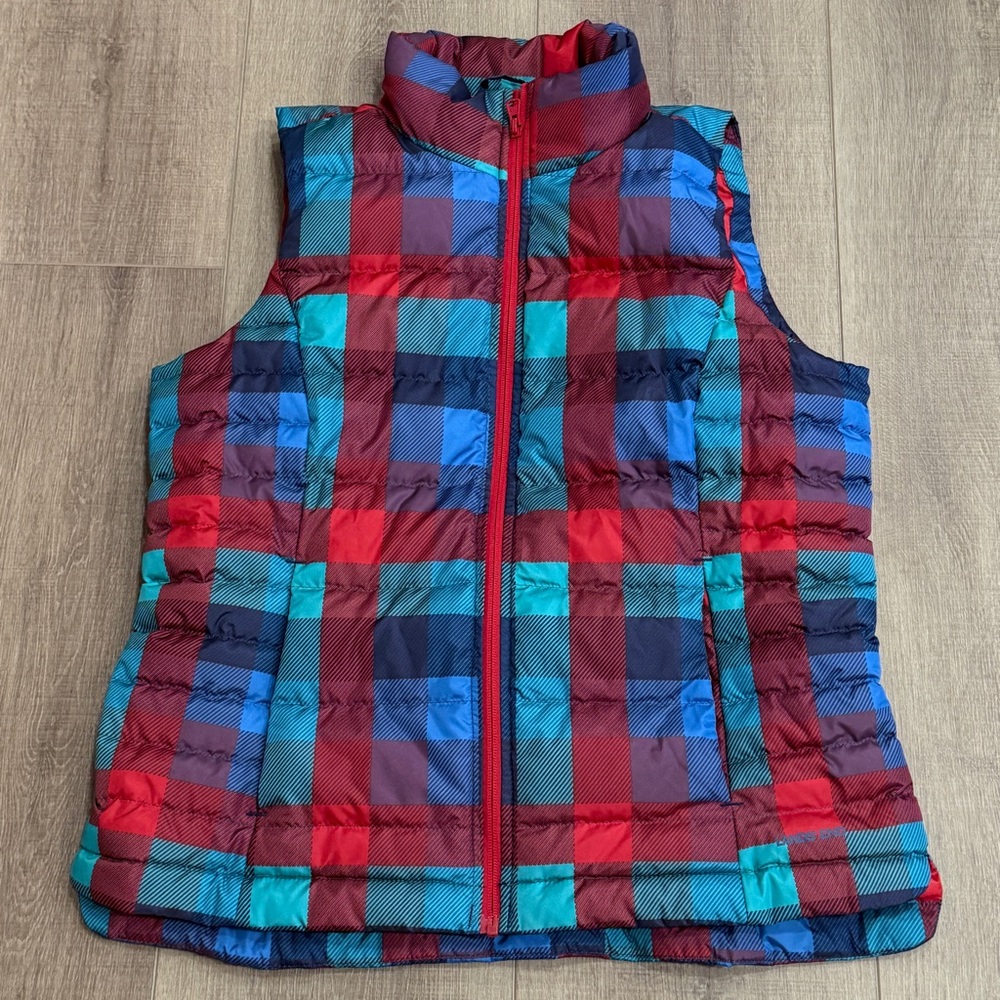 Lands End Vest Womens Medium Plaid Red Blue Down Puffer Winter‎ Outdoors Preppy